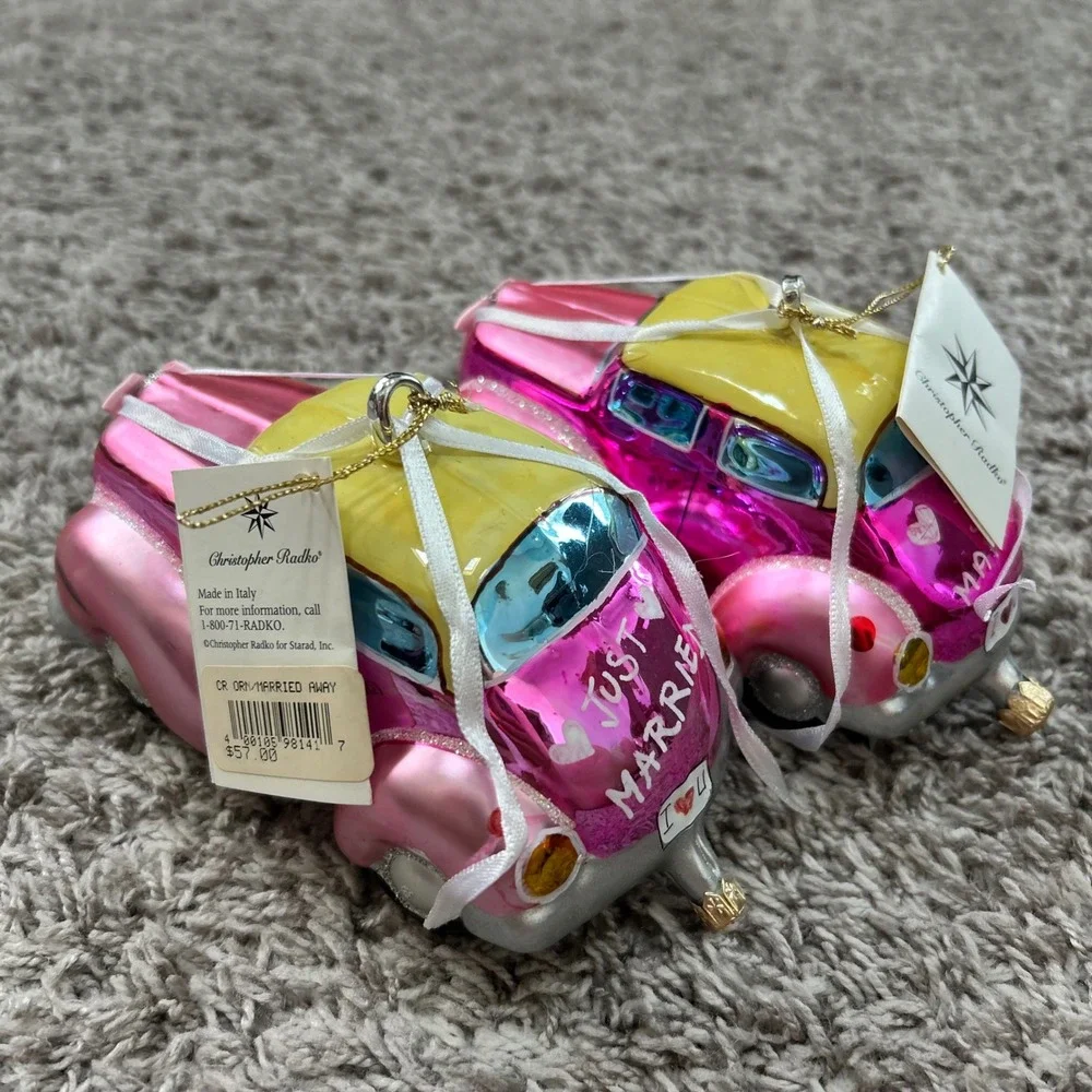 Vintage Christopher Radko 1998 Married Away Ornaments Set‎ 2 Pink Wedding Car